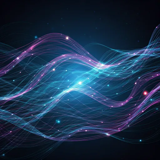 Abstract visualization of complex data networks and glowing nodes in deep blue and purple hues