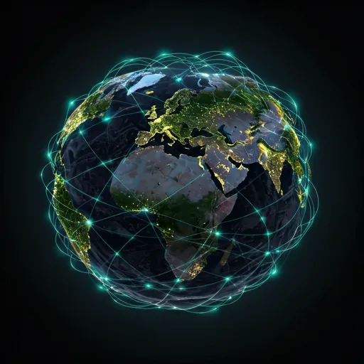Futuristic satellite view of earth at night with glowing connection lines illustrating global integration
