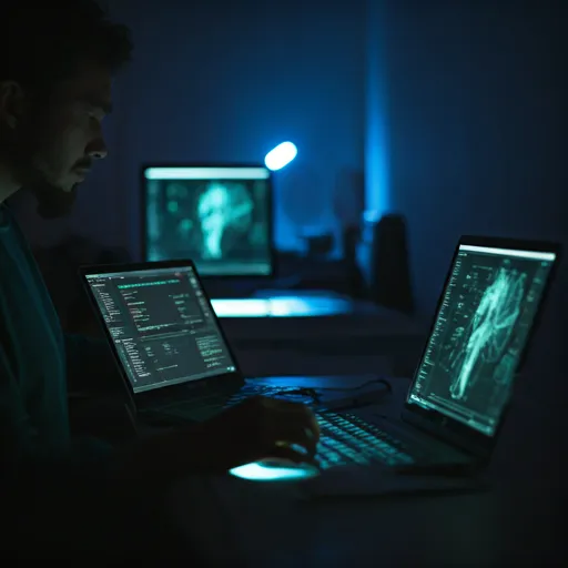 Close up of digital artists working on luminous screens in a dark studio with blue ambient lighting