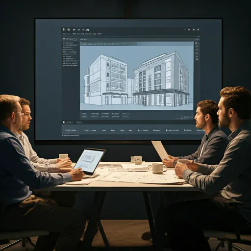Modern office meeting with architectural blueprints and digital designs on a large screen