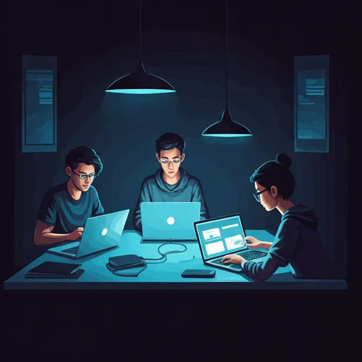 Students focused on their laptops in a dark, atmospheric workspace with blue neon accents