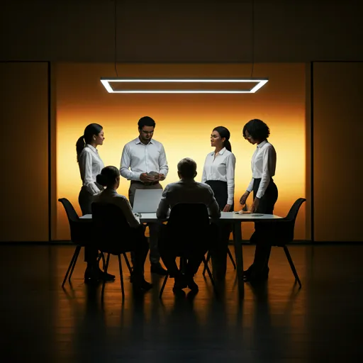 Group of diverse professionals collaborating in a high-tech conference room with warm soft lighting